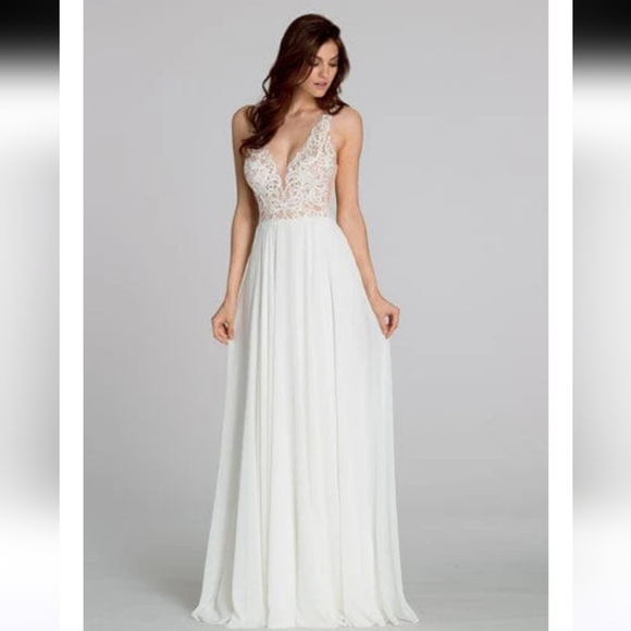 Tara Keely lace applique sheer ivory chiffon flowy wedding dress sz Small 2/4 - Picture 2 of 16